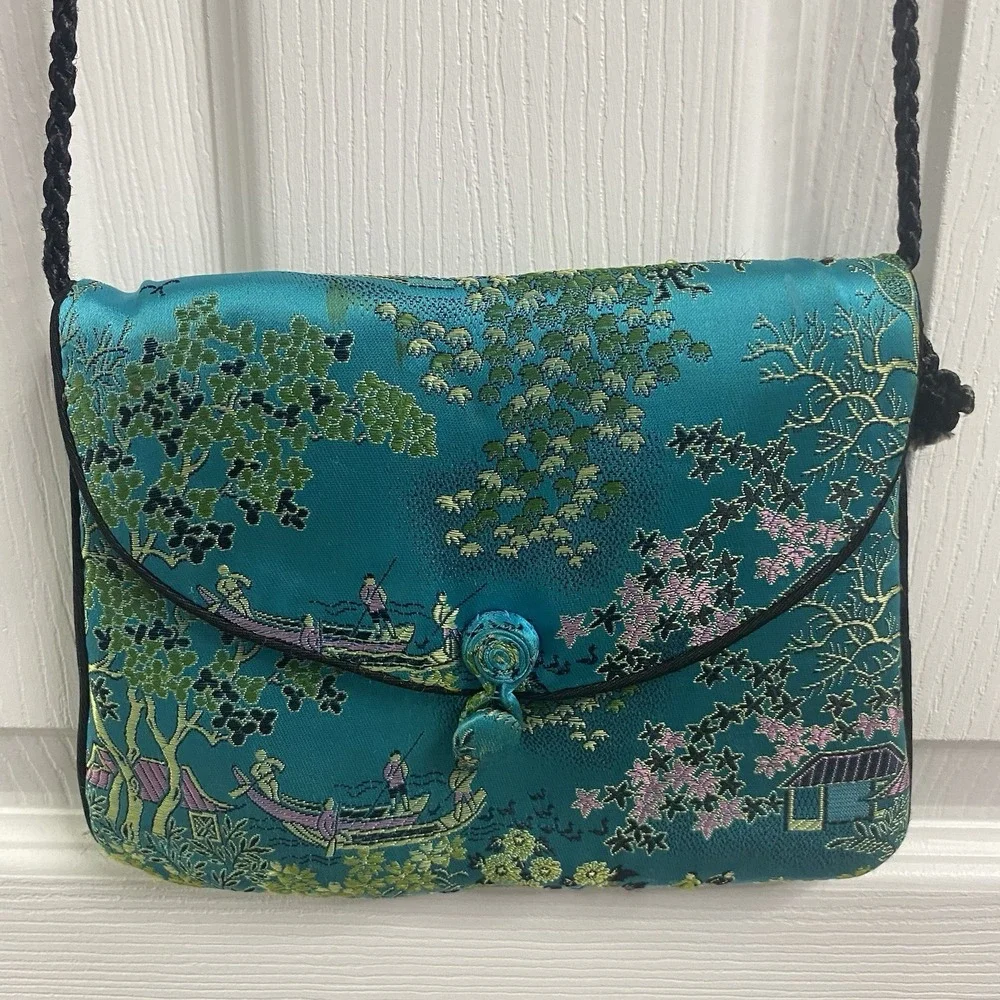 Hand Made Teal Blue Pure Silk Embroidery Mini Cross-body Purse 8x6x.75"‎ - Picture 2 of 9
